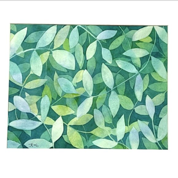 PAINTING WATERCOLOR ART ORIGINAL LEAVES GREEN BLUE 11